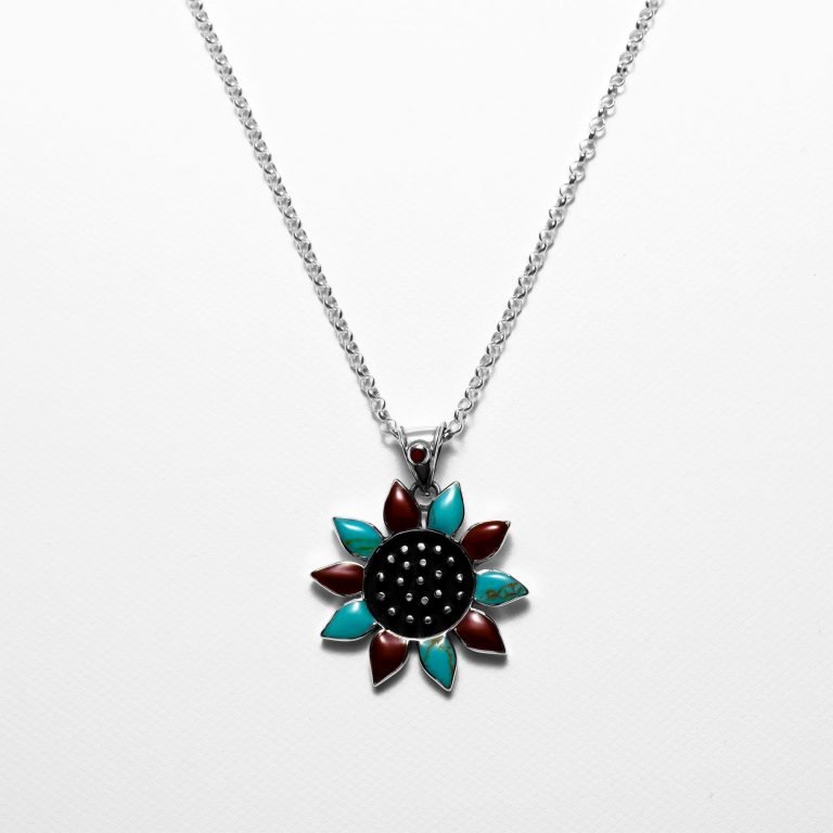 Sterling silver, turquoise and red jasper flower pendant necklace